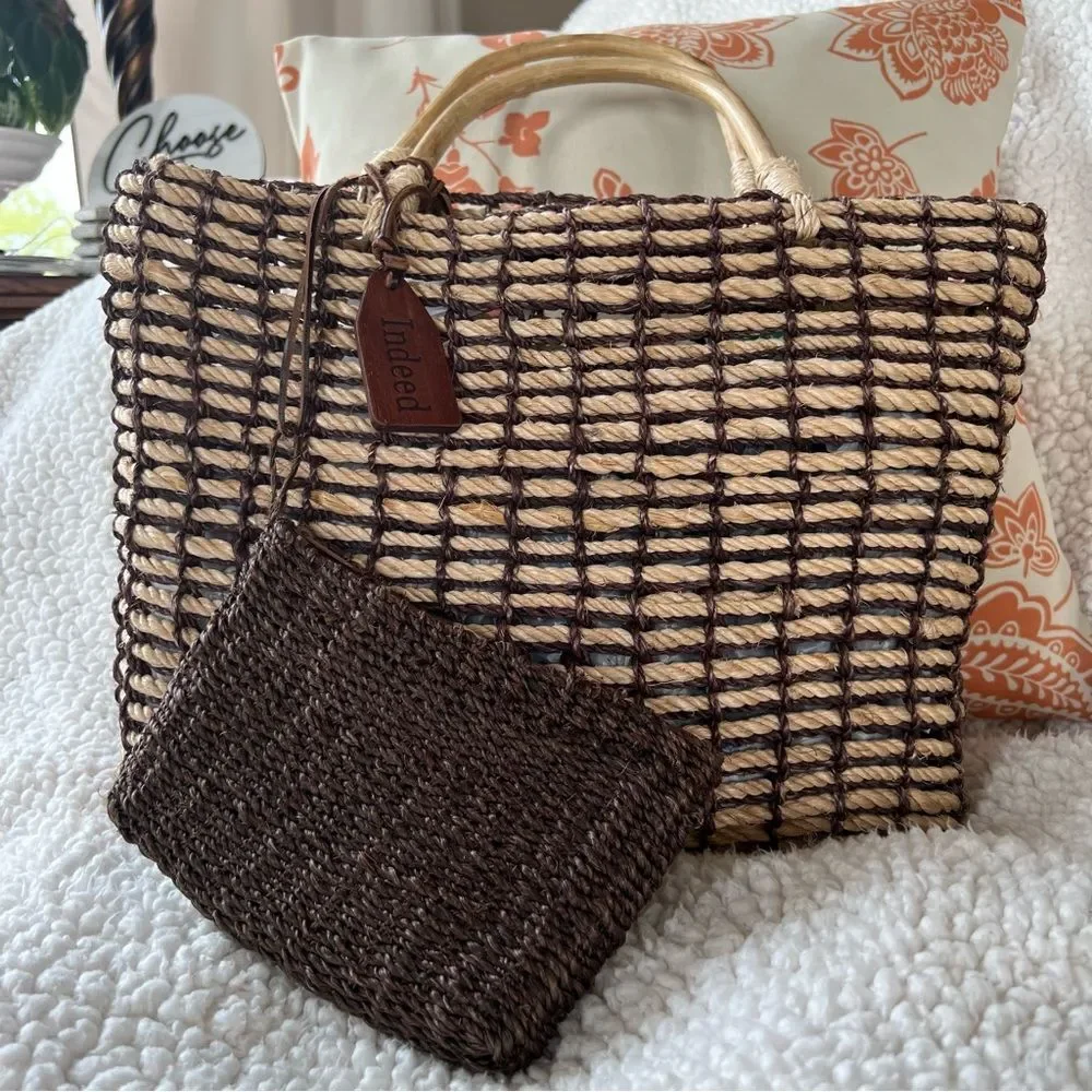 Indeed Straw Rope Bamboo Brown Mushroom Tan Beach Bag Purse Extra Mini Bag